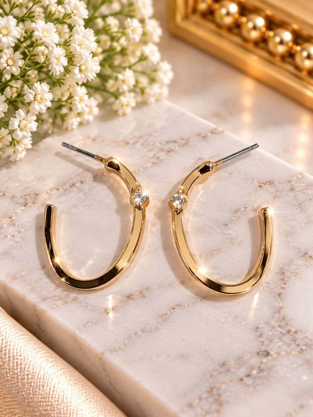 Gold Open Hoop Earrings with Crystal Accent Modern Statement - Fashion Jewelry